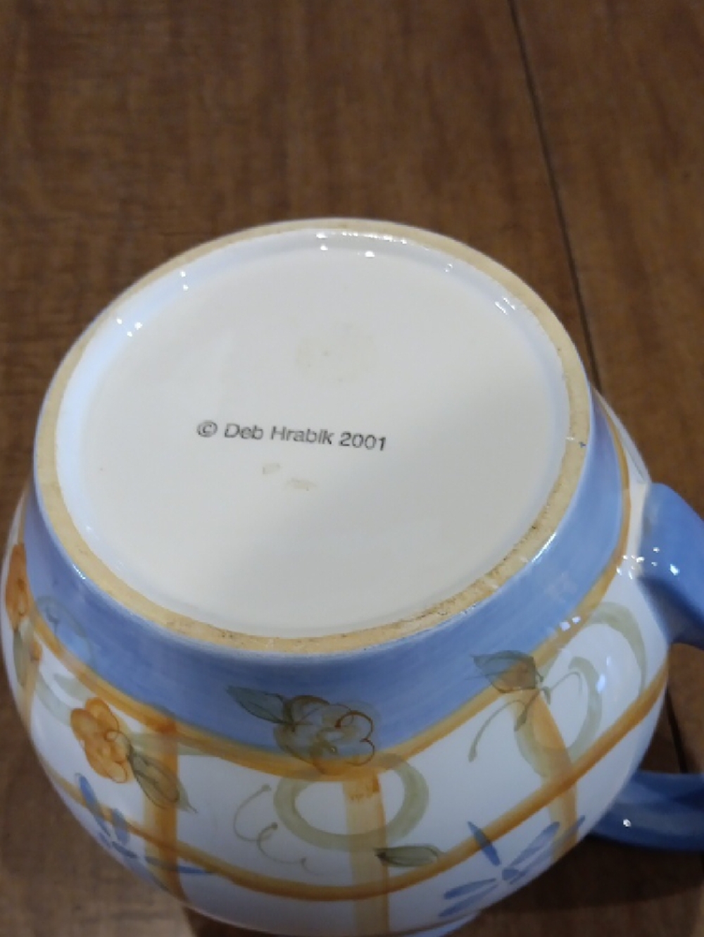 Hand-Painted Blue & Yellow Check Ceramic Pitcher - Picture 3 of 5